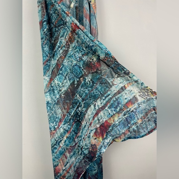 S-12 Multicolored Sheer Strapless Flowy Tie Front Bejeweled Swim Cover Up Dress - Picture 4 of 7